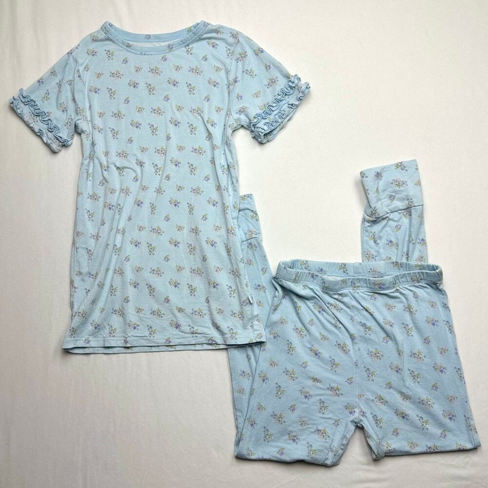 Posh Peanut Girls Viscose Bamboo Pajama Set Size 7Y Blue Floral Ruffle Sleeve PJ